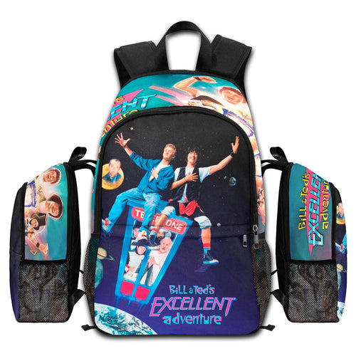 Bill & Ted's Excellent Adventure movie backpack with time travel booth art, laptop sleeve, and 1200D nylon design.